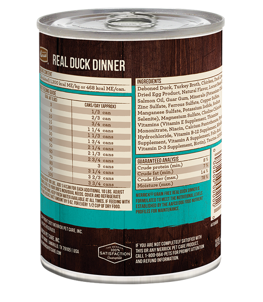 Merrick grain free duck dog food can with ingredients and guaranteed analysis information
