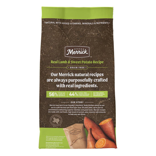 Merrick Grain Free Lamb Dog Food bag featuring sweet potatoes and natural ingredients for healthy pet nutrition