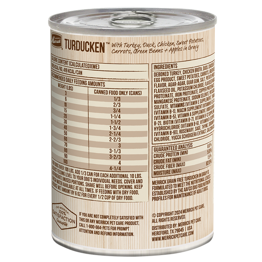 Merrick grain free turducken wet dog food can with ingredient details and feeding guidelines