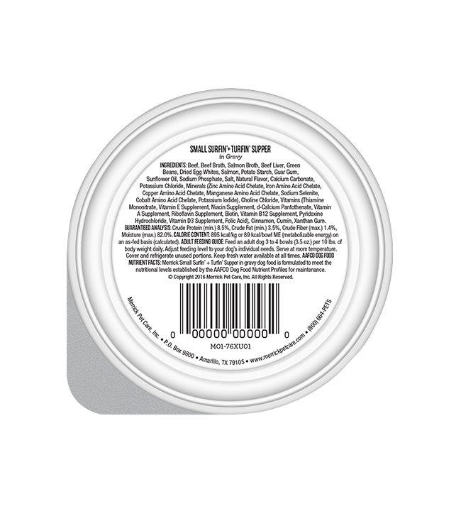 Merrick Grain Free Wet Dog Food for Small Breeds, Small Surf 'n' Turf Supper in a round container