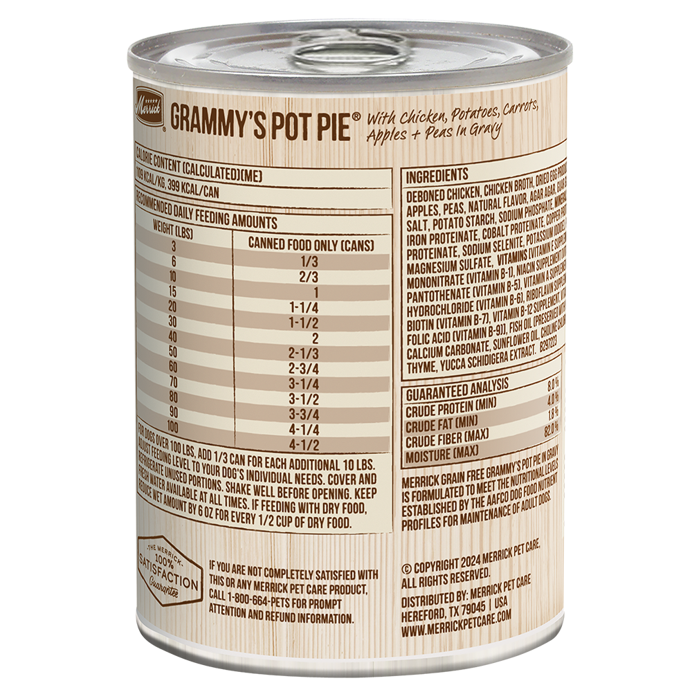 Merrick grain free wet dog food can featuring Grammy's Pot Pie with chicken and vegetables