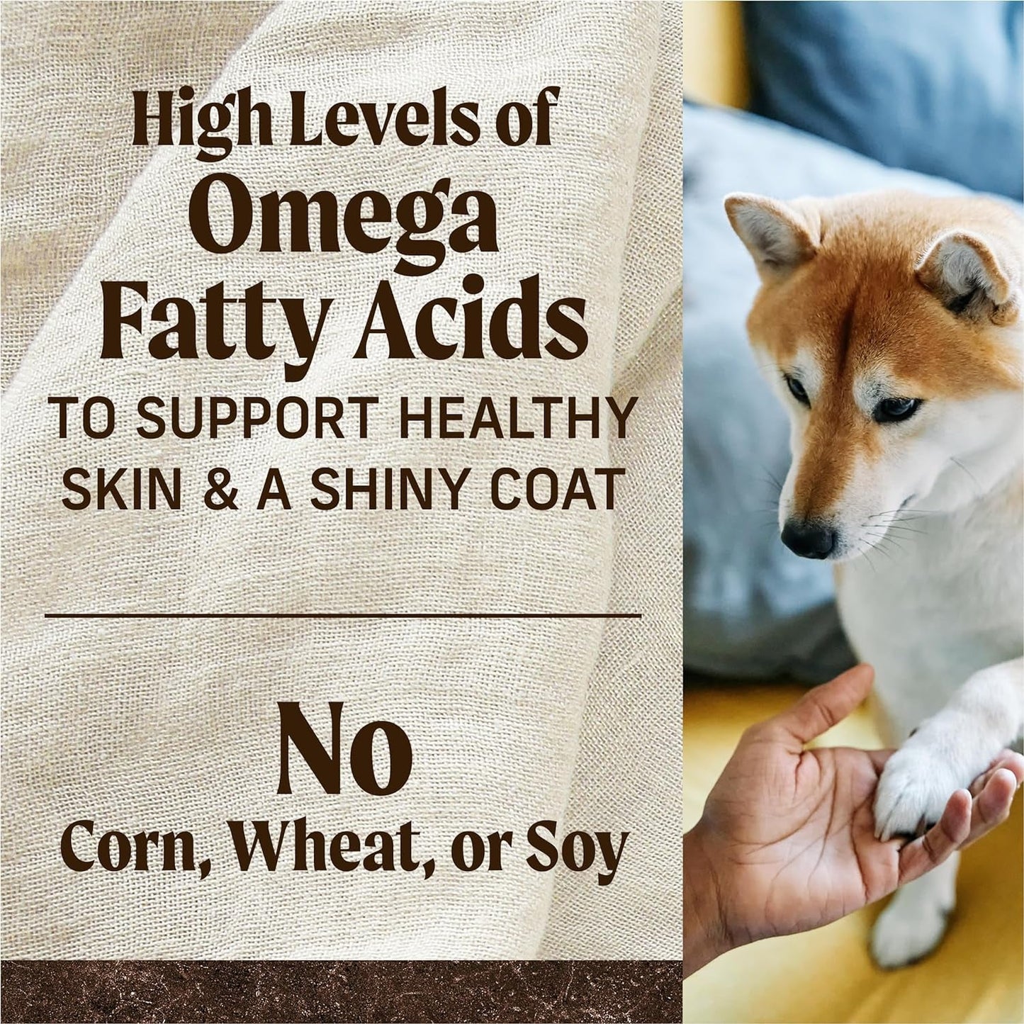Purrfect Pet Kingdom healthy dog food with real ingredients, promoting omega fatty acids for a shiny coat and no corn, wheat, or soy