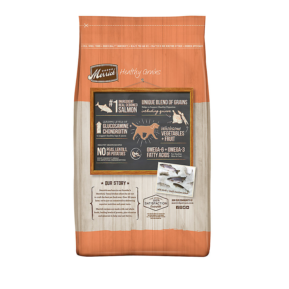 Merrick salmon and brown rice dog food in a resealable bag with wholesome ingredients and nutrition details