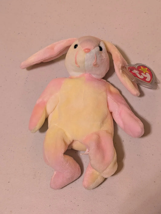 Merritt Island Curios - Ears the Rabbit Ty Beanie Baby Pink Yellow 2000 MWMT VTG
