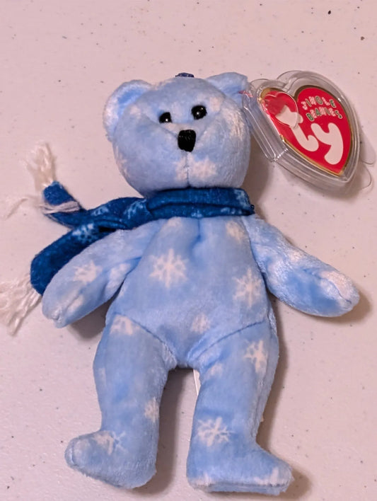 Merritt Island Curios - Snowdrift the Bear Ty Jingle Beanie Light Blue Dark Blue VTG
