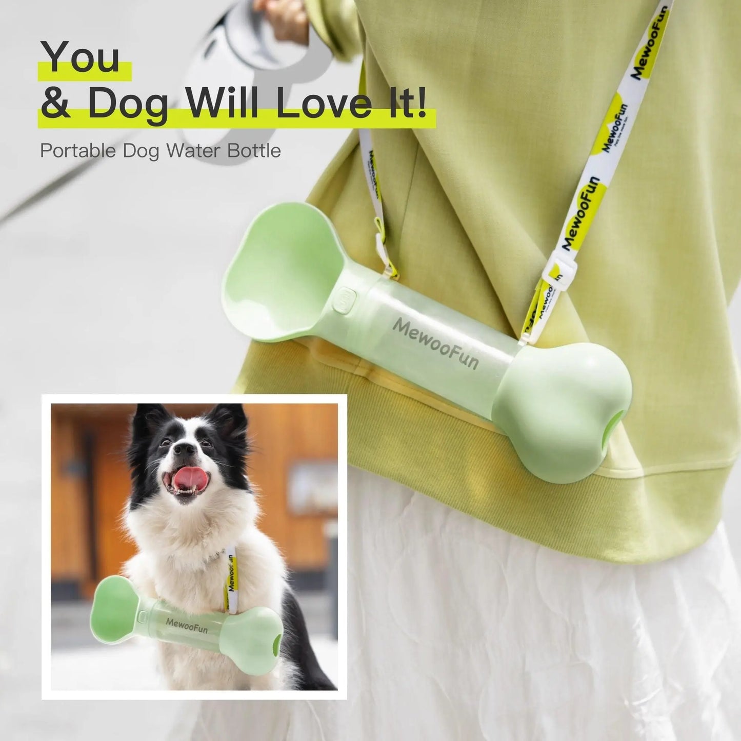 Purrfect Pet Kingdom Pet Water Bottle Dispenser shaped like a bone with strap for portable dog hydration