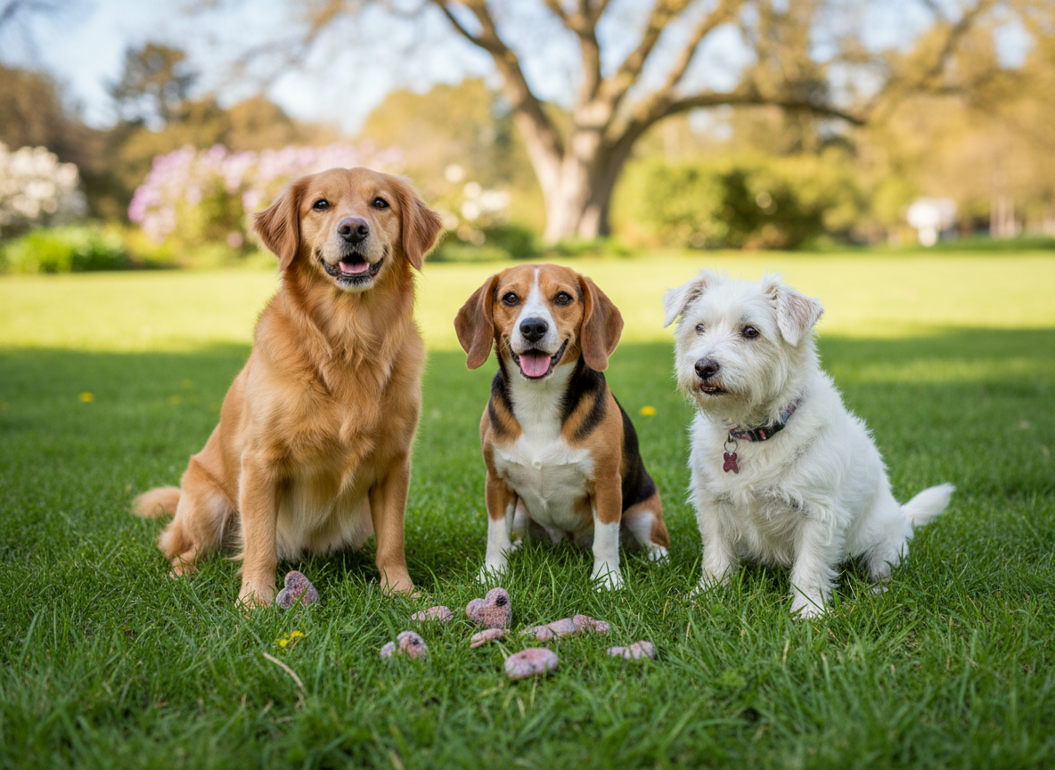 Three happy dogs sitting in a park enjoying blueberry dog training treats on the grass