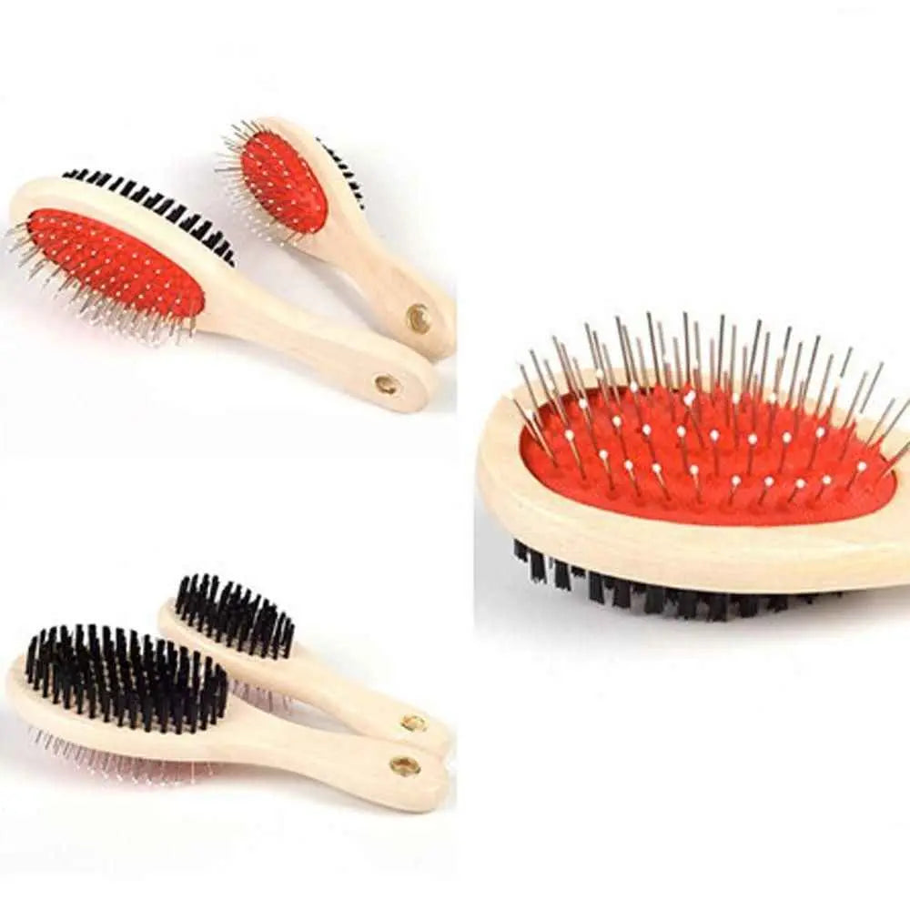 Purrfect Pet Kingdom Multi-Functional Pet Comb with wooden handle and dual-sided brush and pin design for pet grooming