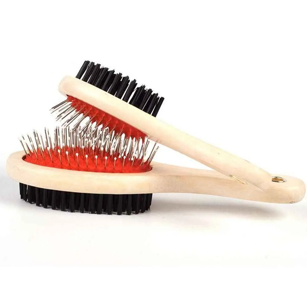 Purrfect Pet Kingdom multi-functional pet comb with wooden handle and dual brush and pin sides