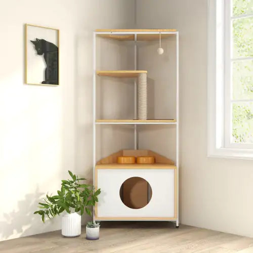 Modern multi-level cat playhouse for indoor cats with shelves and scratching posts