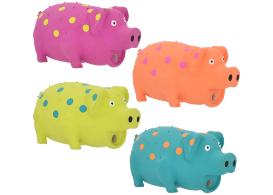 Multipet Globlets Latex dog toy in assorted colors, 8.25", by The Family Pet, perfect for playful pups and fetching fun.
