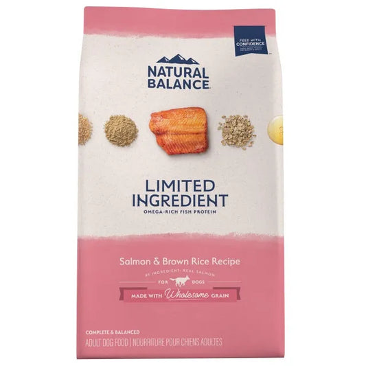 Natural Balance Limited Ingredient Salmon & Brown Rice Dry Dog Food by The Family Pet, 4.0lb bag, featuring a vibrant pack...