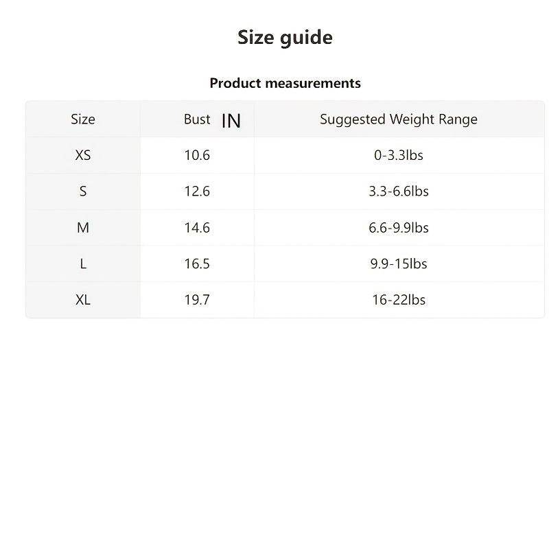 Size guide chart for Purrfect Pet Kingdom no-pull safety harness for pets with bust measurements and weight ranges