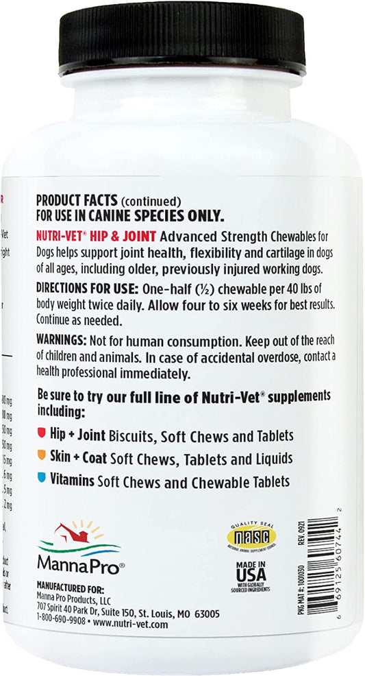 Nutri-Vet Hip & Joint Advanced Strength Chewables for dog arthritis relief supplement in a white bottle