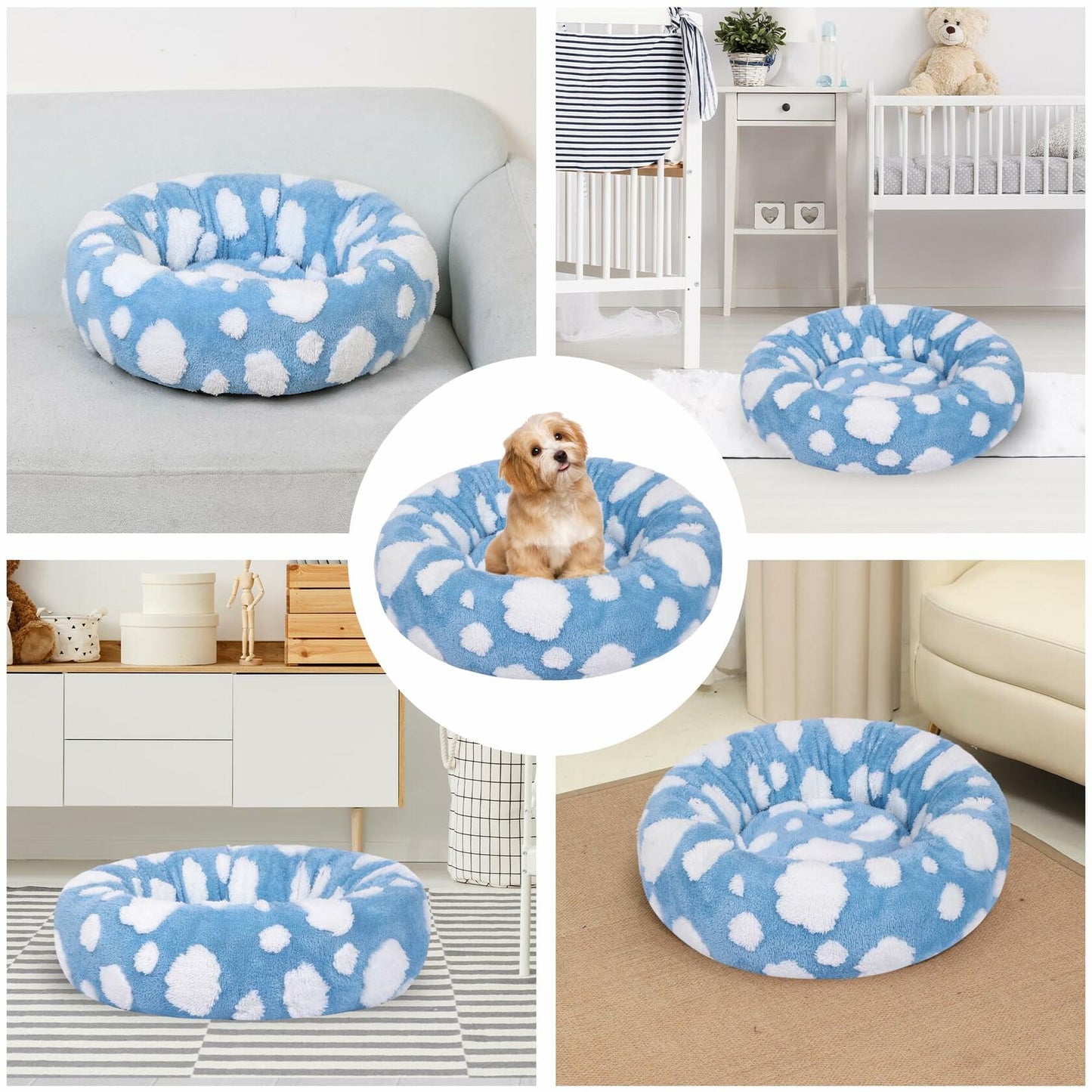 Calming Donut Dog & Cat Bed Small Fluffy Round Washable Gray Non-Slip