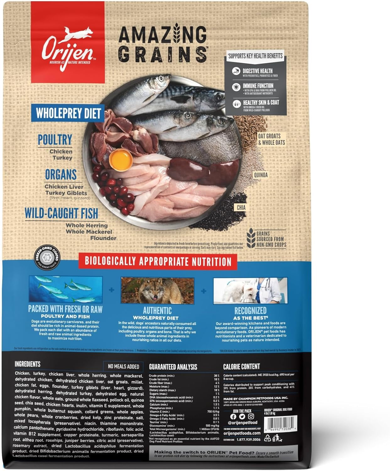 Orijen Amazing Grains dog food in a 25 lb bag featuring wholeprey diet ingredients like poultry and fish