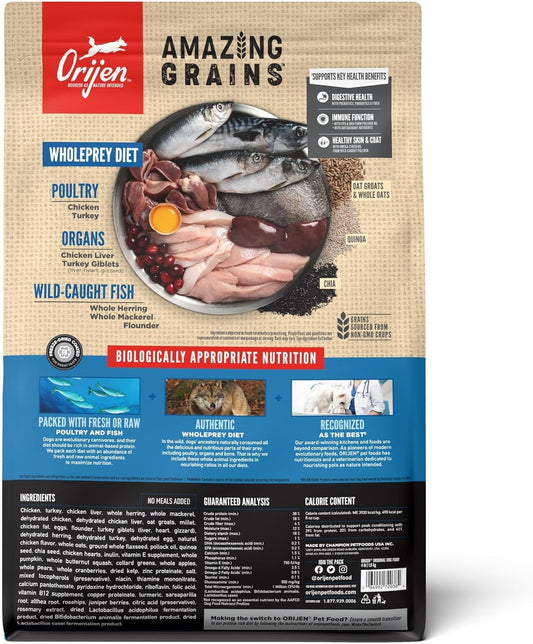 Orijen Amazing Grains dog food in a 25 lb bag featuring wholeprey diet ingredients like poultry and fish