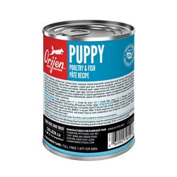 Orijen puppy grain free wet dog food in a 12 oz can featuring poultry and fish pâté recipe