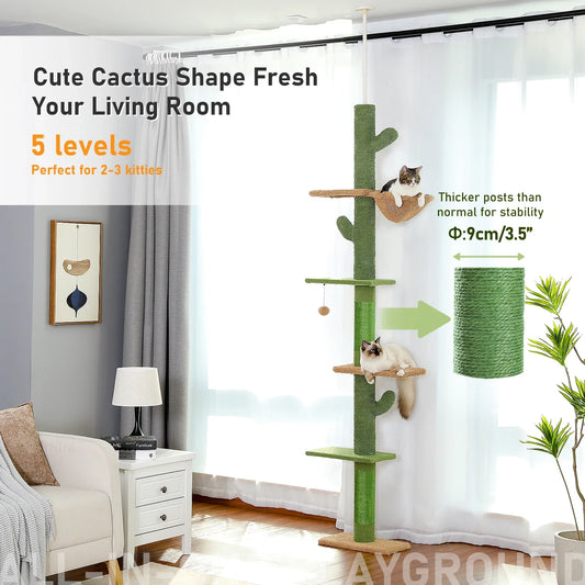 Cute cactus shaped 5 tier cat tree tower with multiple levels for 2-3 kitties and thicker posts