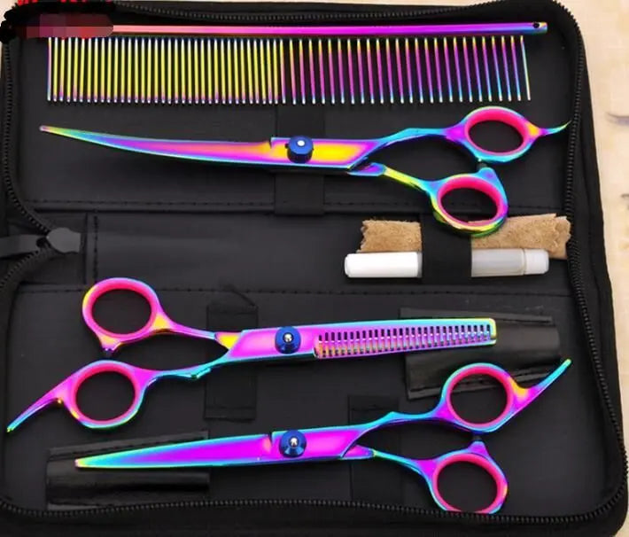 Purrfect Pet Kingdom pet grooming scissors set rainbow shears and thinning scissors with comb and case