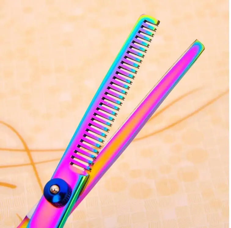 Iridescent rainbow thinning shears close up from Purrfect Pet Kingdom pet grooming scissors set