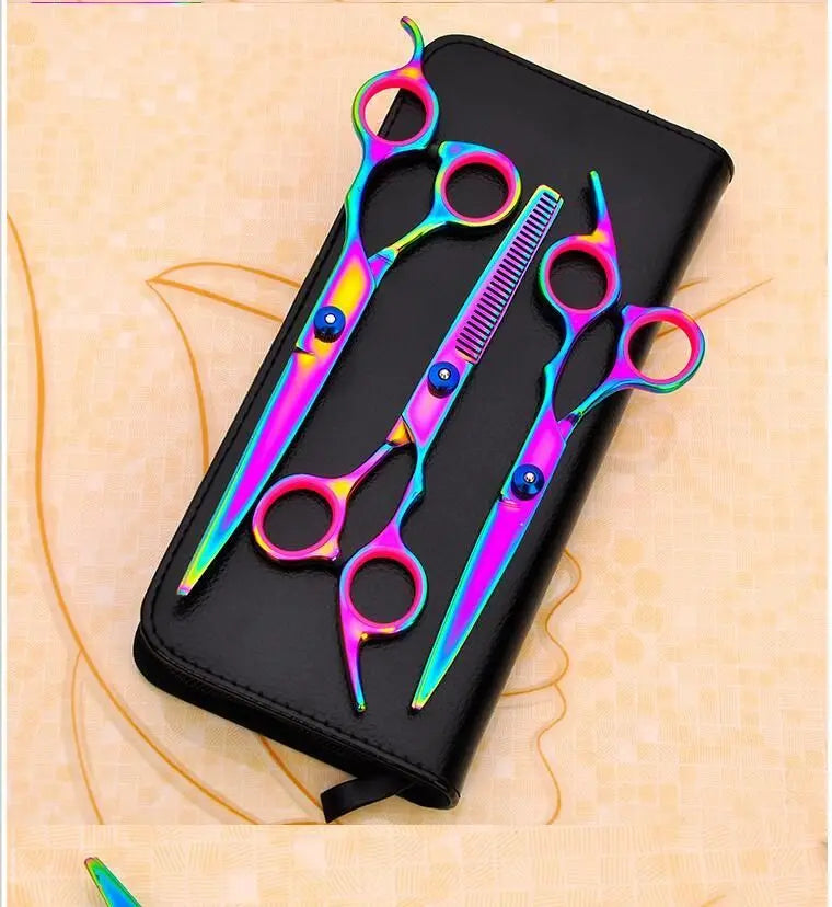 Iridescent stainless steel pet grooming scissors set including straight and thinning shears on black case