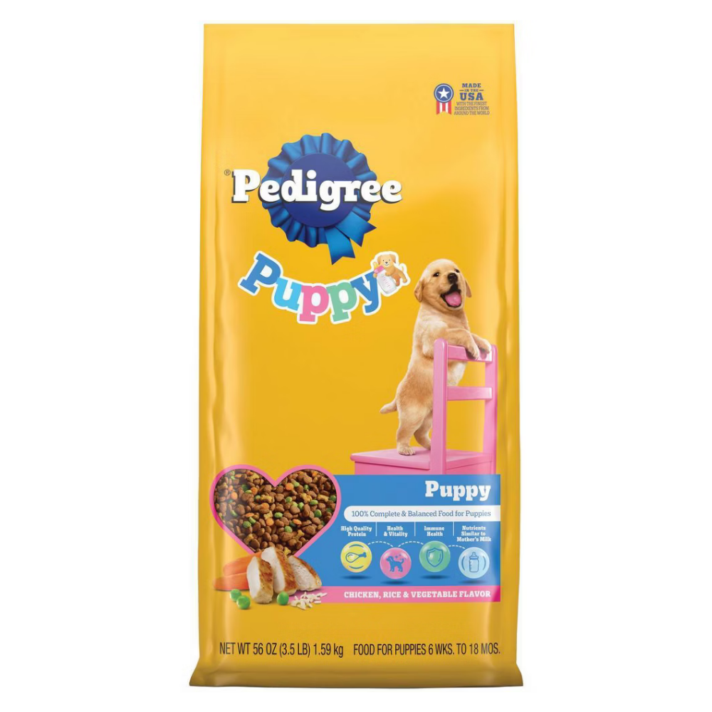 Pedigree puppy food chicken rice vegetable in a 56 oz bag for healthy puppy nutrition