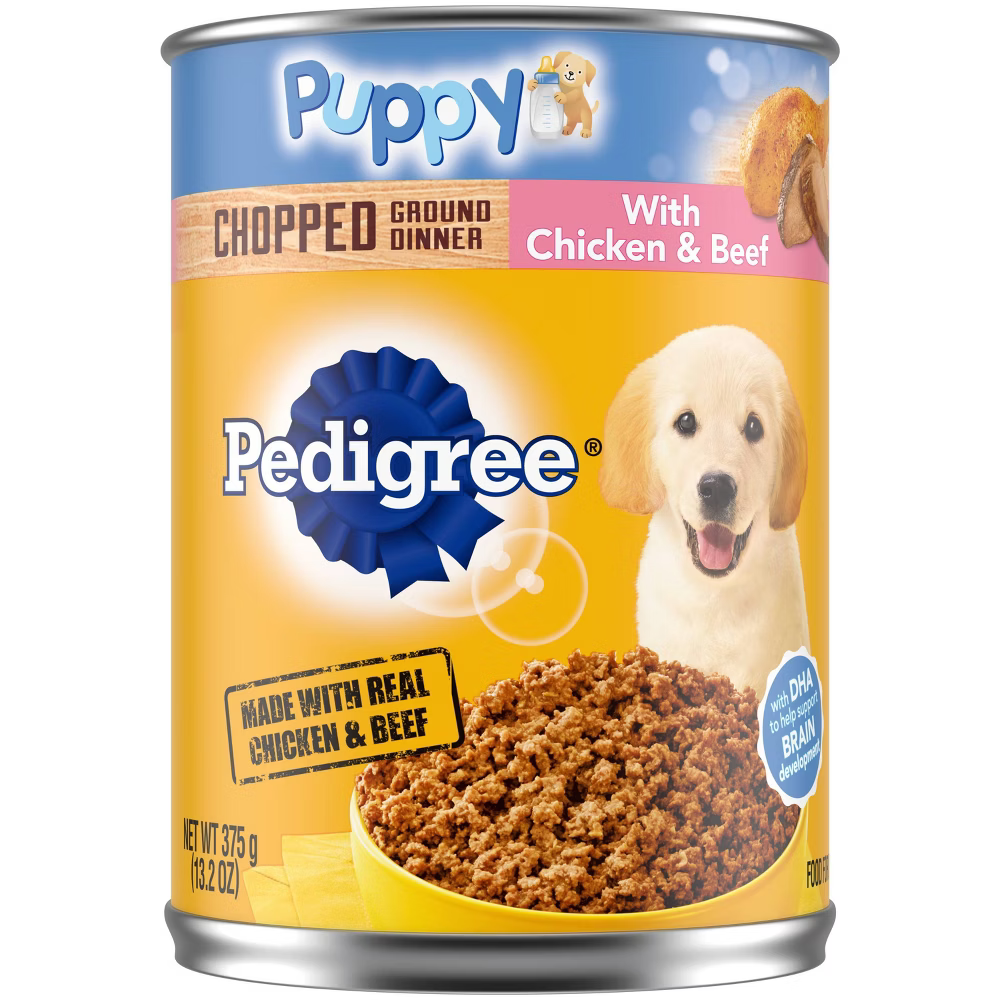 Pedigree puppy wet dog food in a can with chicken and beef, perfect for nourishing young pets