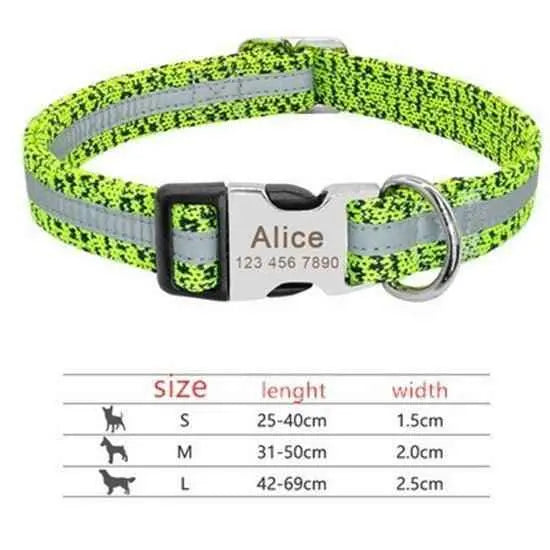 Neon green personalized pet ID collar by Purrfect Pet Kingdom with reflective strip and metal buckle
