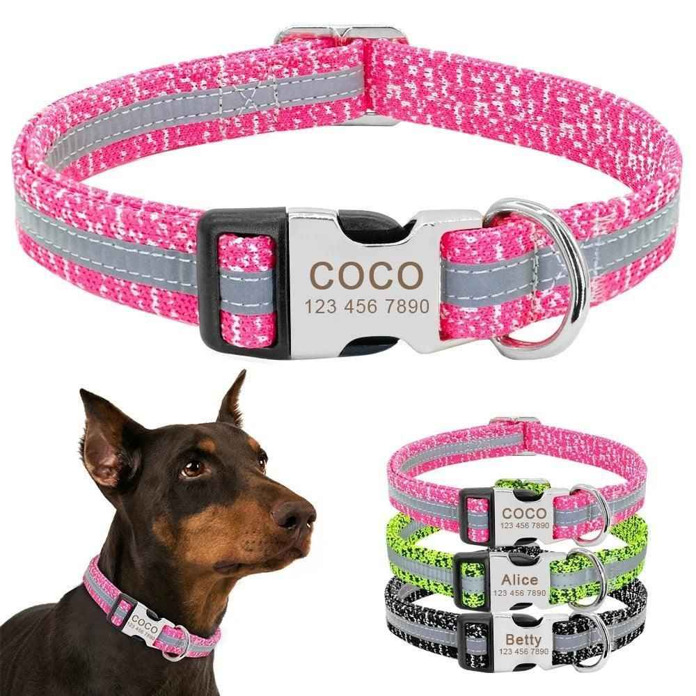 Personalized pet ID collar in pink with silver buckle and reflective strip from Purrfect Pet Kingdom