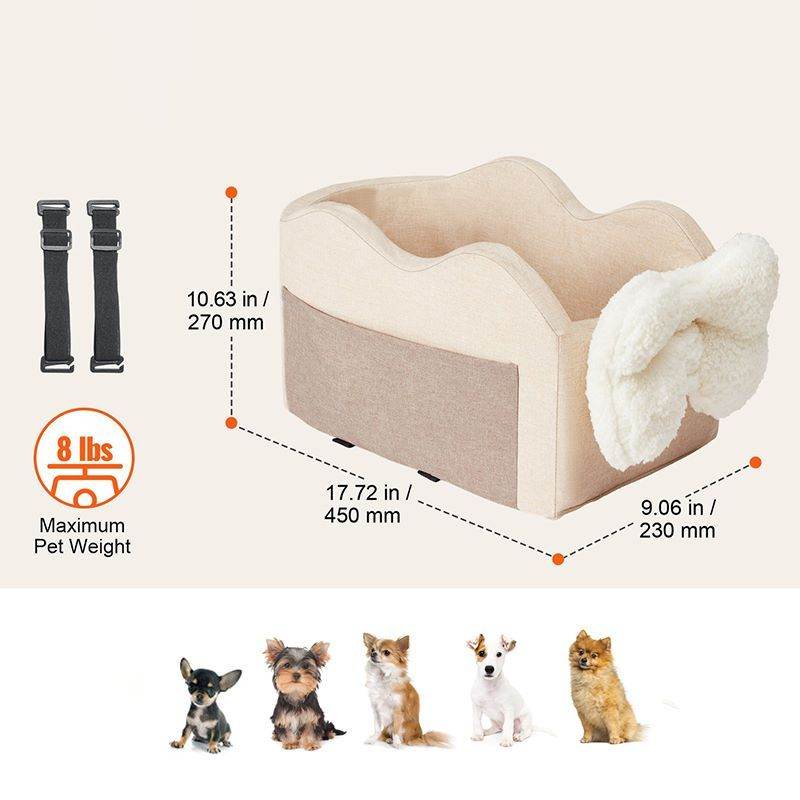 Purrfect Pet Kingdom pet car seat for small dogs with beige cushioning and safety straps for up to 8 lbs