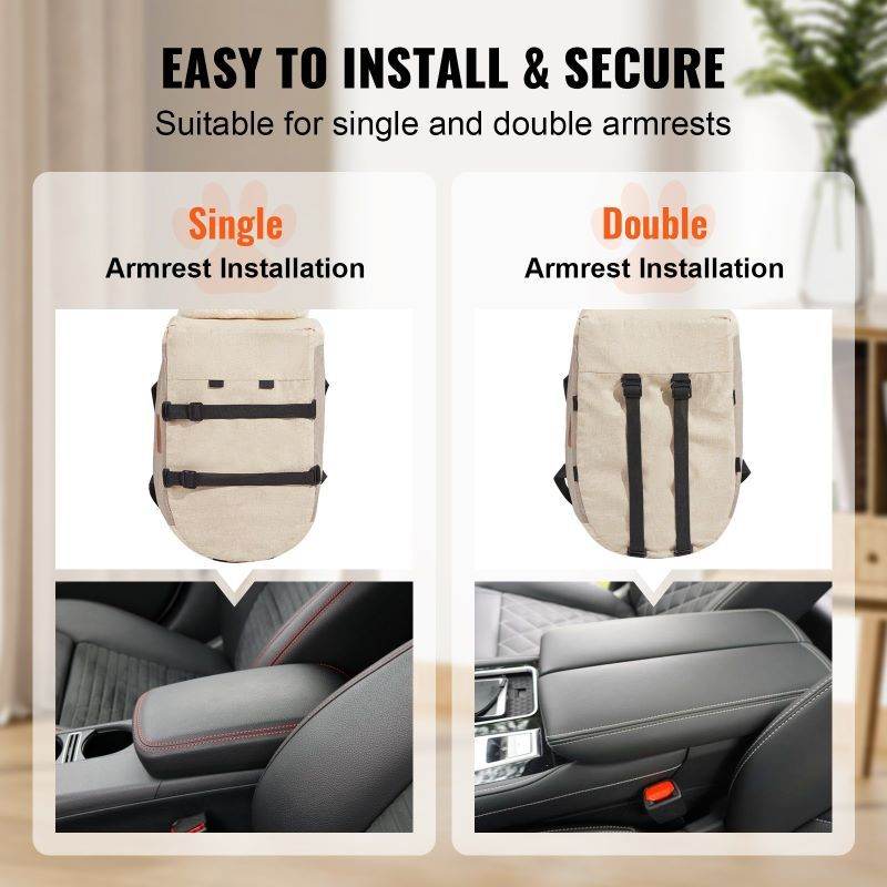 Pet car seat for small dogs showing easy installation options for single and double car armrests