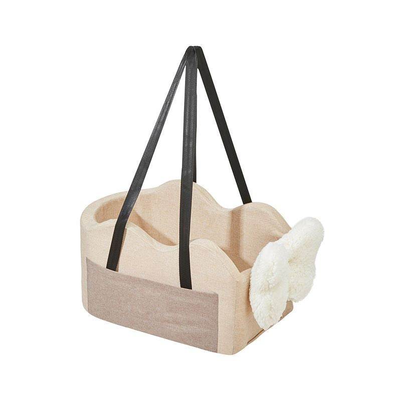 Purrfect Pet Kingdom beige pet car seat for small dogs with soft plush lining and black safety straps