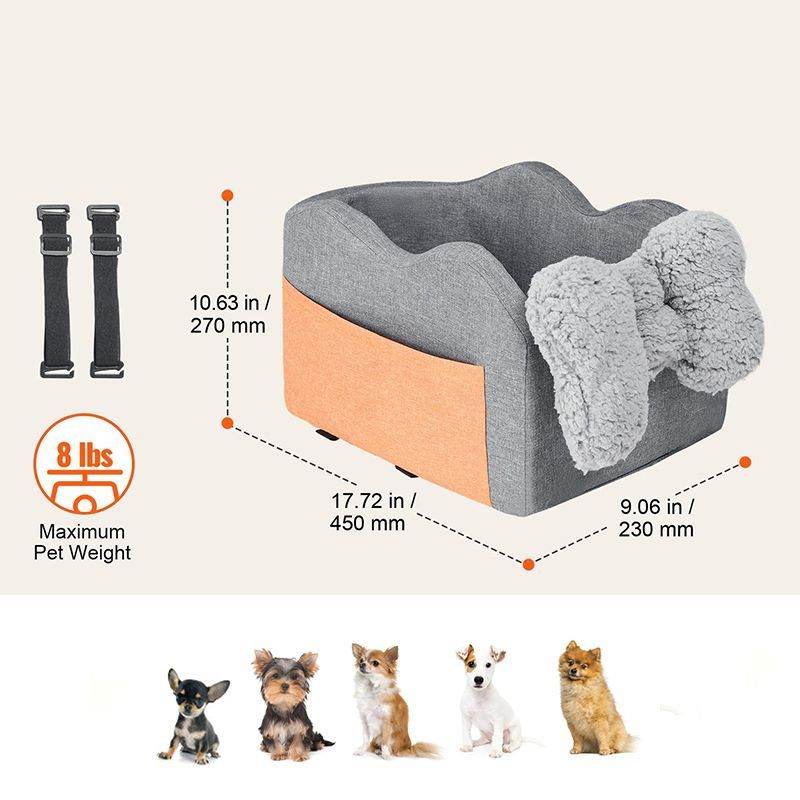 Purrfect Pet Kingdom pet car seat for small dogs in gray with plush bow and safety straps for pets up to 8 lbs