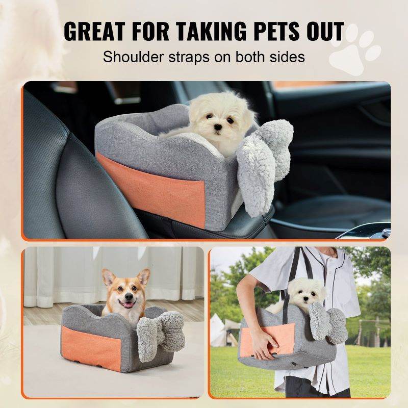 Pet car seat for small dogs in gray and orange with shoulder straps for safe car travel