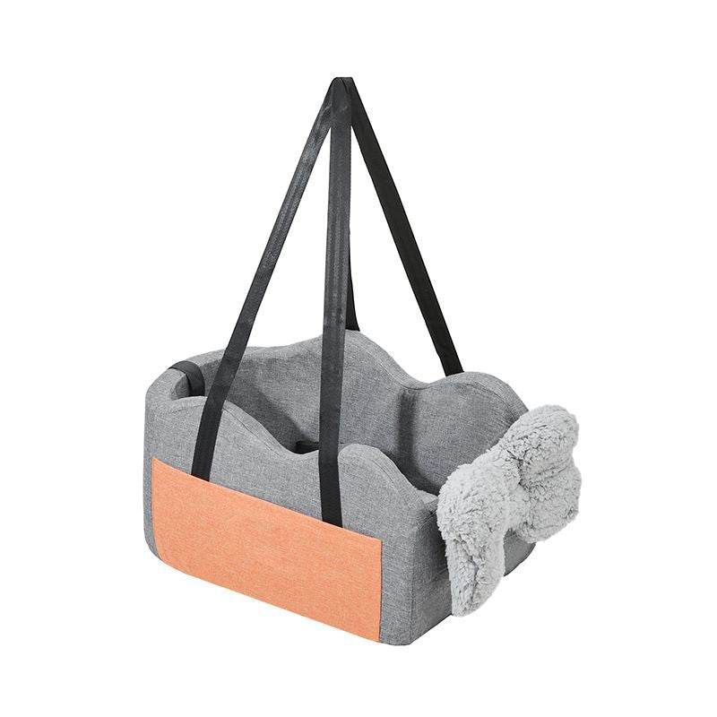 Gray pet car seat for small dogs with orange side pocket and plush bone toy by Purrfect Pet Kingdom