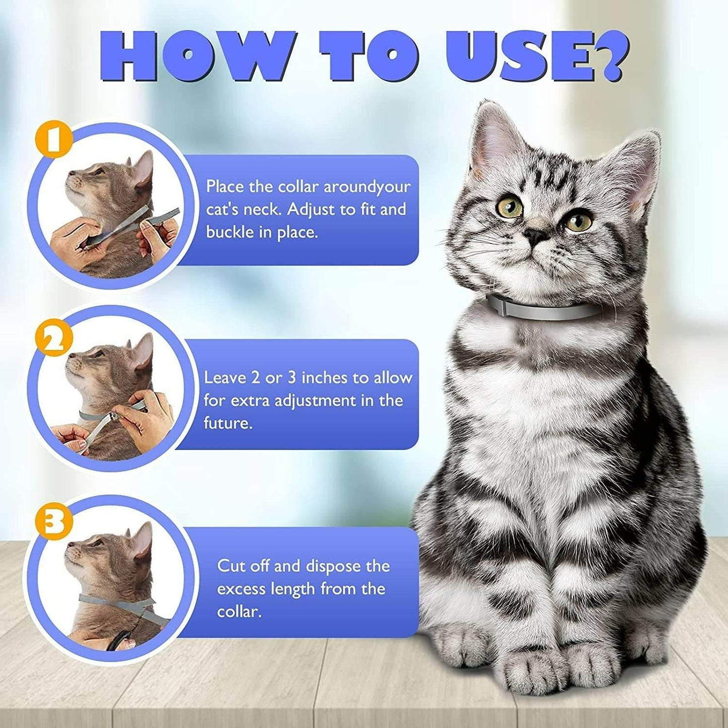 Instructions to use flea and tick collar for pets with a cat wearing the collar and adjustment steps