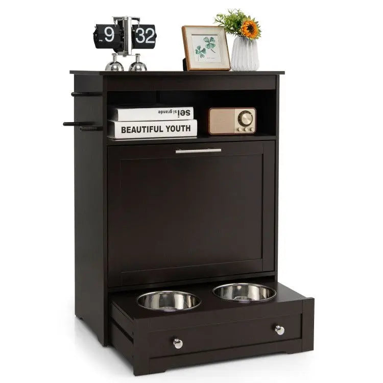 Purrfect Pet Kingdom Pet Food Bowl Stand with Hidden Compartment Coffee Purrfect Pet Kingdom