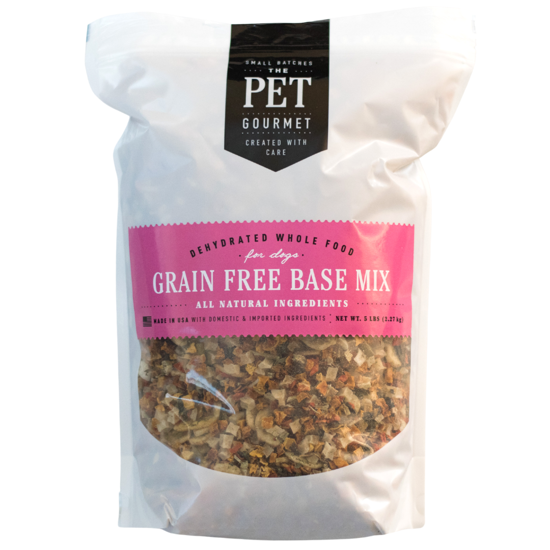 The Pet Gourmet grain free dog food premix in a resealable bag for easy storage and serving