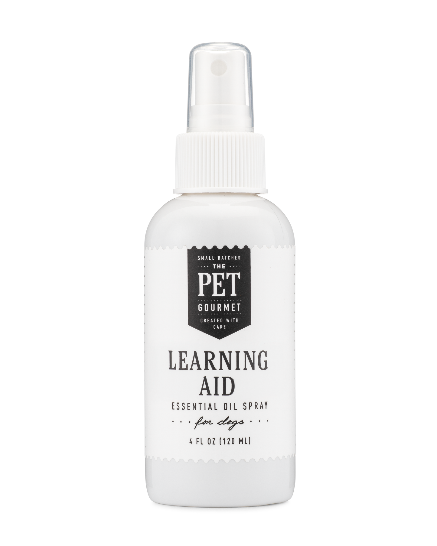 The Pet Gourmet Learning Aid Spray for Dogs in a 4 oz bottle, essential oil formula for effective pet training