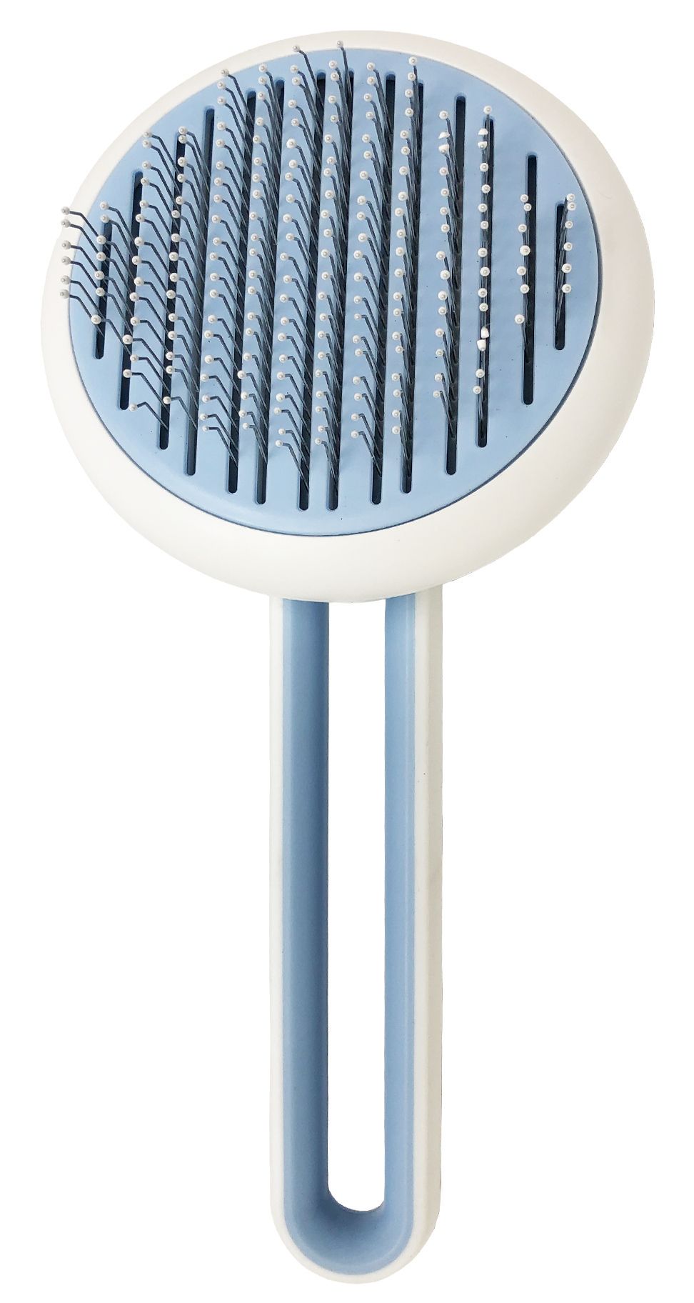 Pet Life white and blue deshedder tool with round head, stainless steel pins, and U-shaped ergonomic handle.