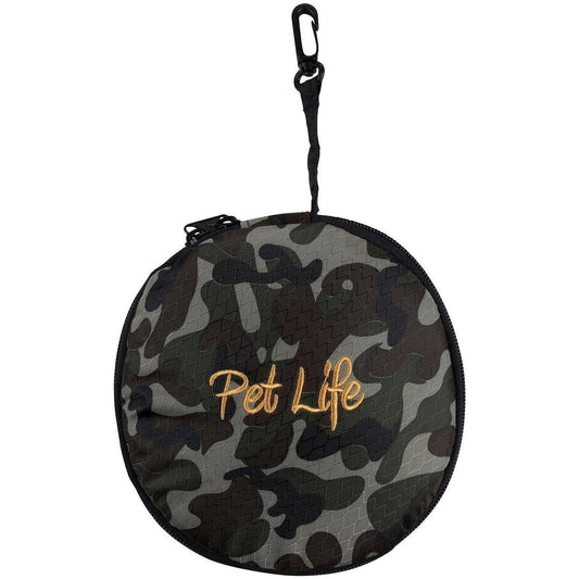 Pet Life round camouflage travel dog bowl case with gold embroidered logo, black zipper, and hanging clip.