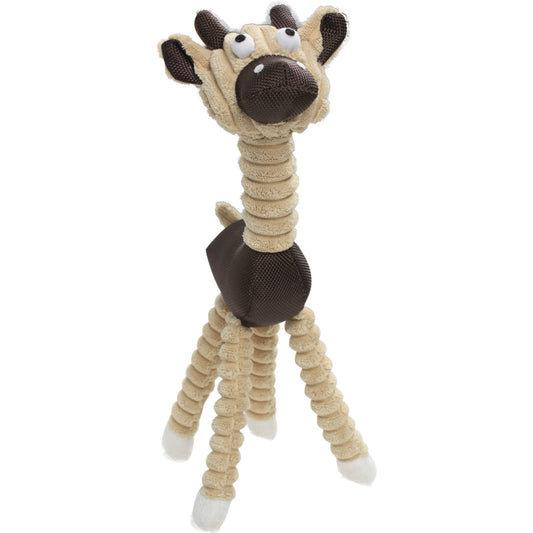 Tan ribbed plush Giraffe Cow dog toy featuring a dark brown jute body and four dangling legs with white feet.