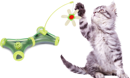 Pet Life Kitty-Tease: Green plastic puzzle toy with a flower wand teaser and ball, played with by a grey kitten.