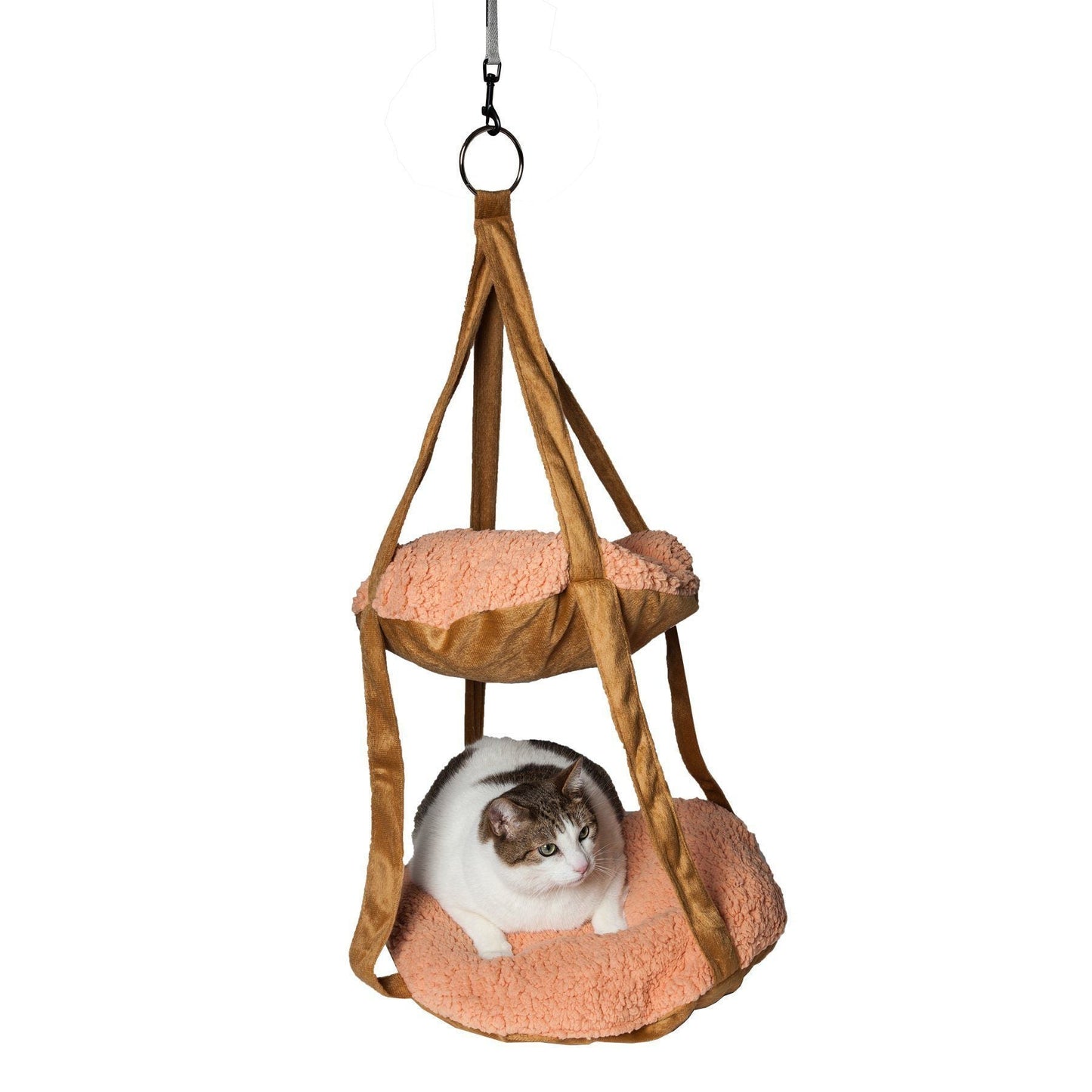 Pet Life brown and peach hanging 2-level cat hammock with a white and tabby cat sitting on the bottom cushion.