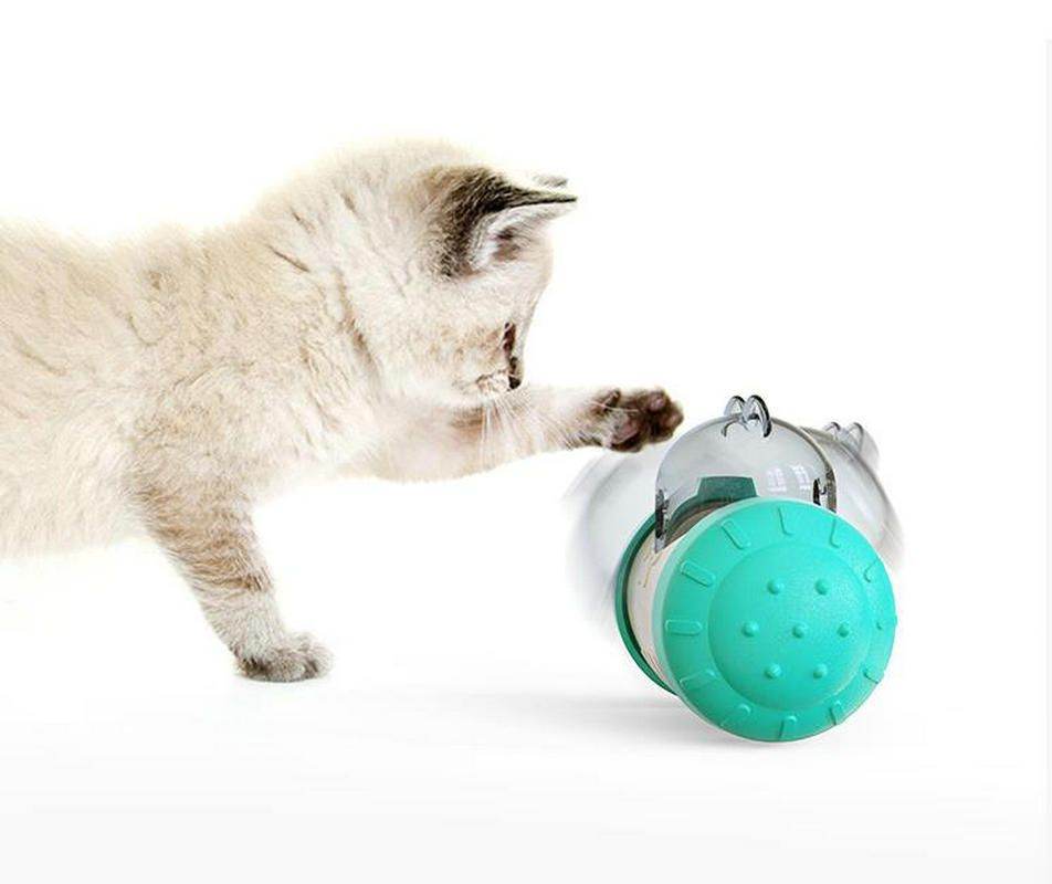 Kitten playing with a pet snack dispensing puzzle toy by Purrfect Pet Kingdom in white and teal colors