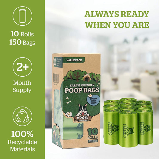 Purrfect Pet Kingdom dog poop bags bulk 150 count in green packaging, eco-friendly with 10 rolls