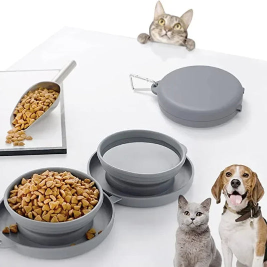 Portable collapsible dog bowl set in gray for traveling pets with food and water compartments