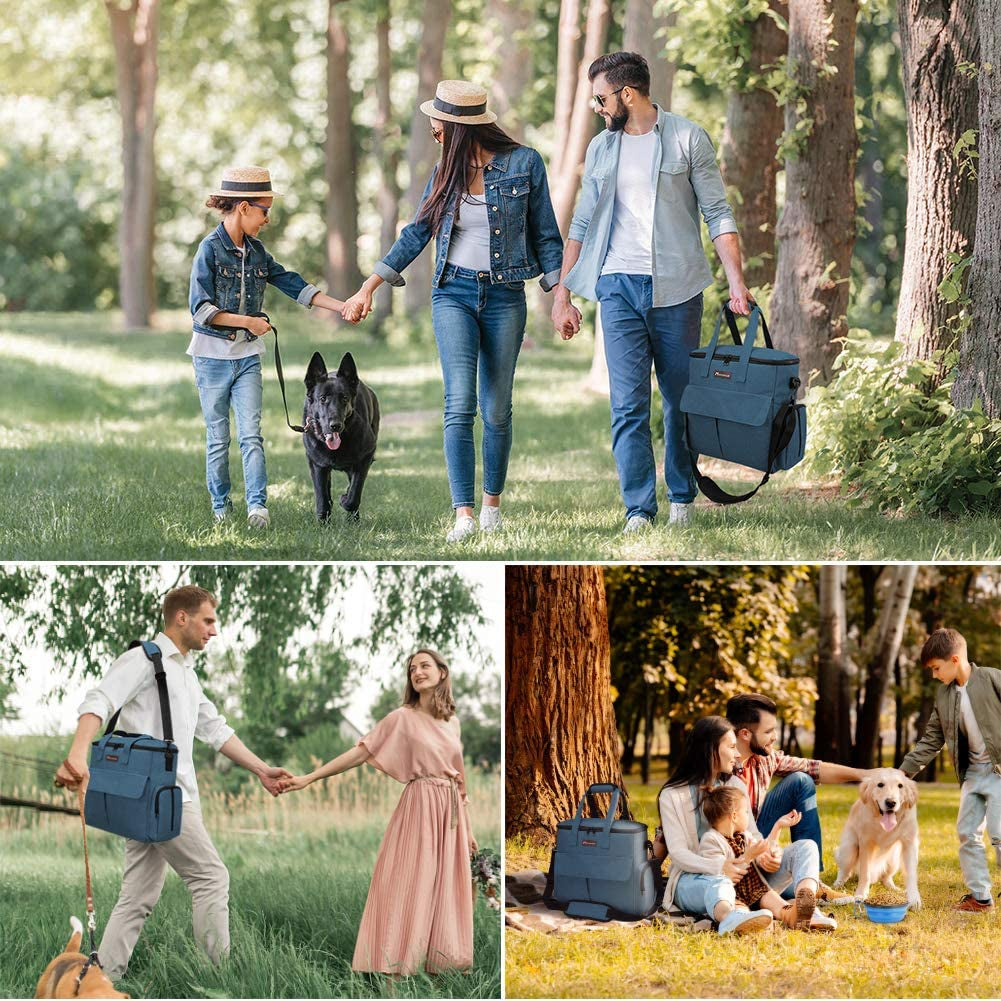 Family enjoying outdoor activities with a portable pet food storage bag for convenient pet feeding