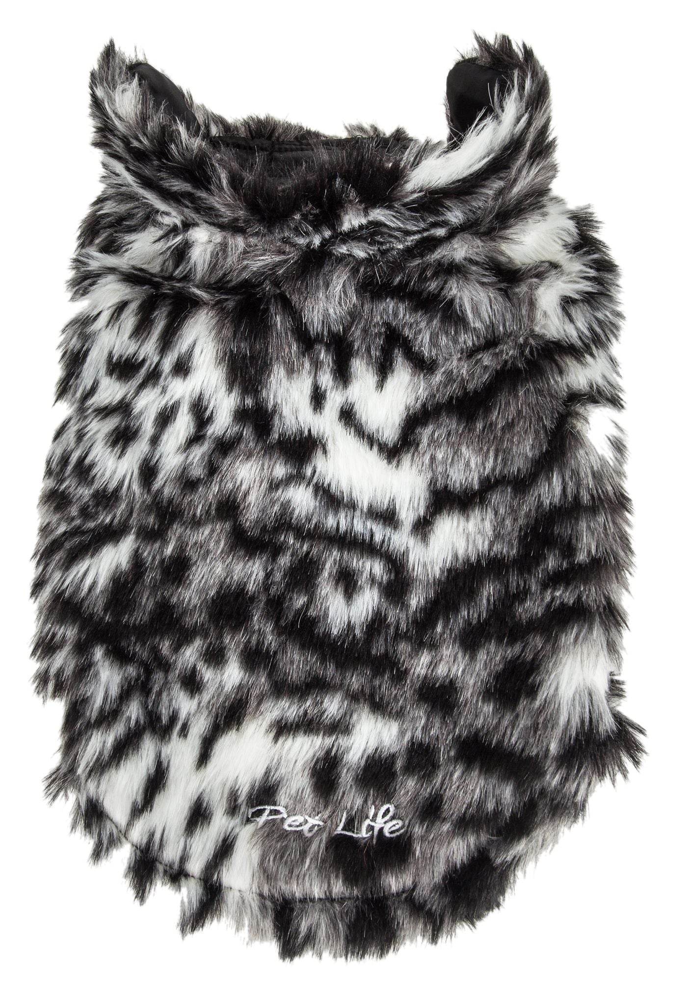 Purrfect Pet Kingdom black and white faux fur pet coat featuring premium pet apparel for dogs